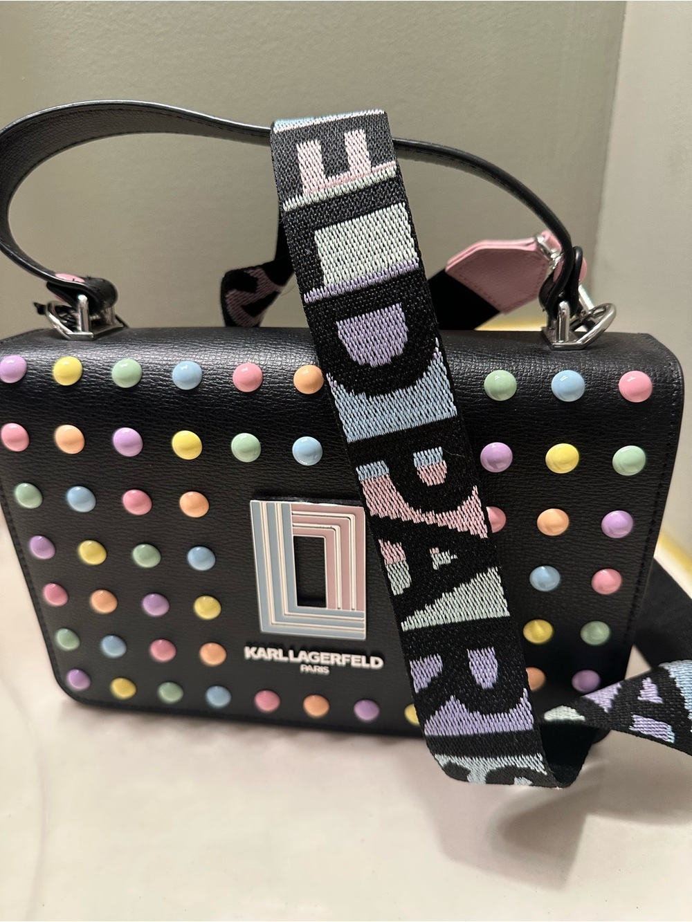 Karl Lagerfeld Black Crossbody with Pastel Studs and Logo Strap